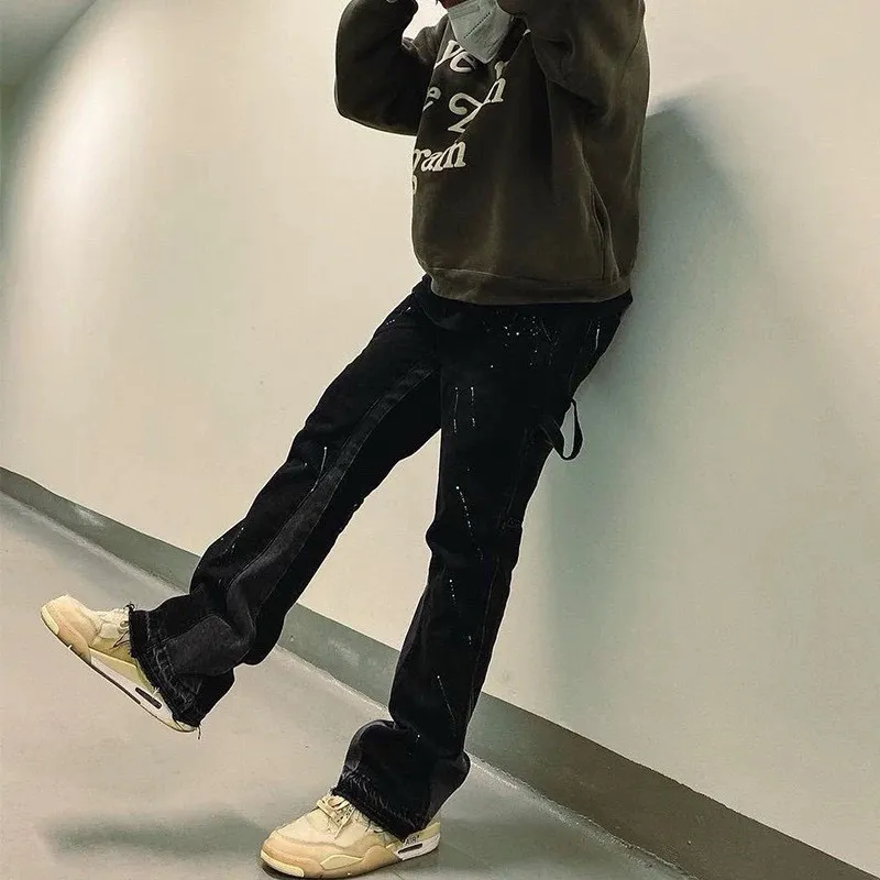-Size upper body P220#G33 GALLERY DEPT. Spliced ​​washed retro jeans for men and women, high street splash-ink pants, micro-flared casual trousers, trendy couple, same style. Color: black. Size: S-XXL (corresponding to 28-36)